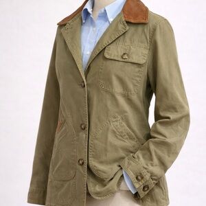 L.L. Bean Vintage Olive Field Jacket | Leather Collar | Petite M